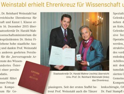 "Ehrenkreuz für Wissenschaft und Kunst" (Journal für private Medizin, Jänner 2016)