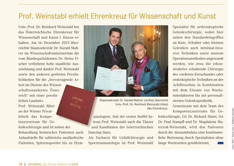 "Ehrenkreuz für Wissenschaft und Kunst" (Journal für private Medizin, Jänner 2016)